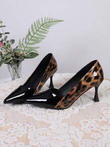 Women's Pointed Toe Leopard Print Color Block High Heel Slip-On Pumps - Leopard Color - View 4