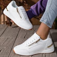 全新女式坡跟休闲运动鞋，防滑百搭鞋 - 白色 - 查看 5