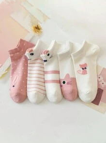 5pairs Casual Cute Cat Design Ankle Socks - Multicolor - View 1