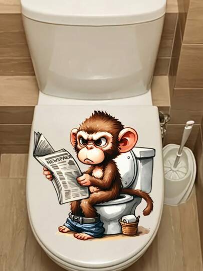 1 peça de adesivo engraçado de macaco lendo jornal na tampa do vaso sanitário, adesivo de parede para decoração de casa, adequado para assento de vaso sanitário e decoração de tanque de água, decoração de banheiro, decoração de outono