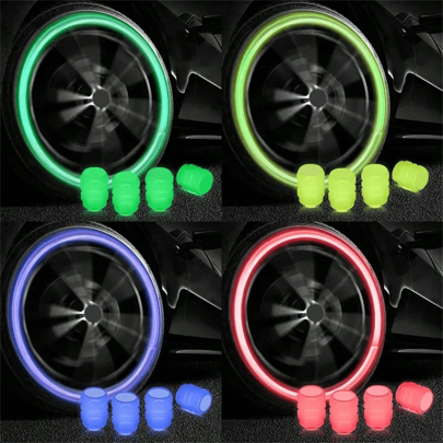 4 PCS Fluorescent Tire Valve Stem Caps - Glow In The Dark Car Wheel Air Valve Covers For Universal Car, Bicycle - Luminous Car Exterior Accessories, Cool Noctilucous