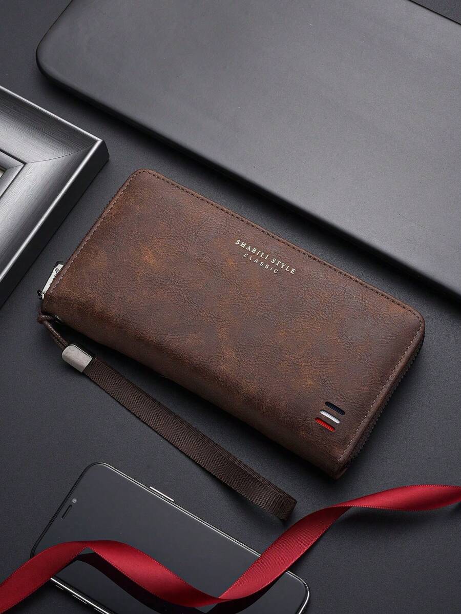 SHABILI 1pc Solid Color PU Leather Large Capacity Zipper Wallet Handheld Bag Mobile Phone Bag Commuting Student Daily Use For Men Wallet - Coffee Brown - View 1
