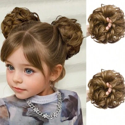 2件装儿童合成卷发发髻片，短发接发，适用于发髻、甜甜圈发髻、发圈、女孩发饰和发带