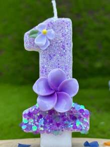 1pc Purple Gardenia & Egglower Numeric Shaped Birthday Candles, Anniversary Party Decoration - Multicolor - View 6