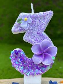 1pc Purple Gardenia & Egglower Numeric Shaped Birthday Candles, Anniversary Party Decoration - Multicolor - View 8