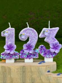 1pc Purple Gardenia & Egglower Numeric Shaped Birthday Candles, Anniversary Party Decoration - Multicolor - View 1