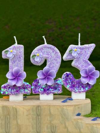 1pc Purple Gardenia & Egglower Numeric Shaped Birthday Candles, Anniversary Party Decoration
