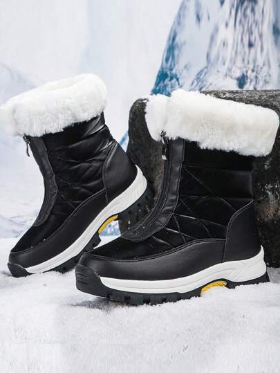 Neue Winter Große Größen Hohe Wasserdichte rutschfeste Schneestiefel mit dickem Fellfutter, Damen Schneestiefel, modische warme Outdoor Wanderstiefel mit Frontzipp Patchwork, schwarze Wadenhoch Stiefel, Winter Reisestiefel
