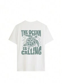 女士夏季度假海洋生物字母印花圆领T恤，图案T恤，白色、黑色、粉色 - 白色 - 查看 4