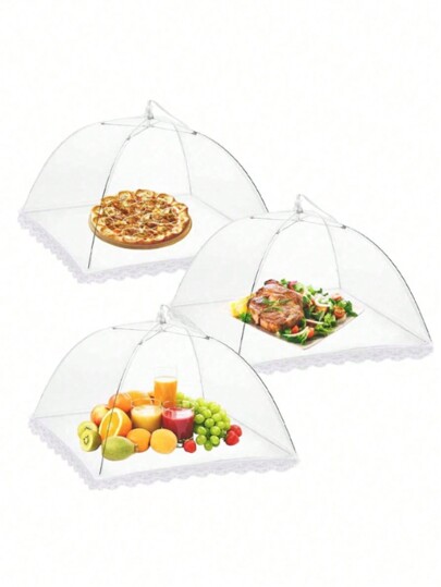 1 pieza Cubierta de alimentos de encaje y malla, extra grande, plegable, cubierta contra el polvo y sombrilla plegable para alimentos, cubierta de alimentos decorativa y reutilizable para mesa, redes de alimentos, utensilios de cocina, fiestas, frutas, alimentos, barbacoa, picnic (blanco)