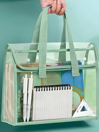 1pc Large Capacity Portable Transparent Waterproof Tote File Folder With Expandable File Storage Bag, PVC Adhesive Document Pockets, Office Supplies, Suitable For Thanksgiving, Halloween, Bridal Party, Anniversary, Graduate Students,Back To School,School Supplies