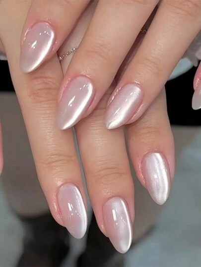 24 pezzi di unghie a mandorla lucide, unghie finte rosa chiaro effetto occhio di gatto, unghie finte a copertura totale riutilizzabili per arte di unghie, adatte per uso quotidiano delle donne + 1 pezzo di colla gel + 1 pezzo di bastoncino per modellare, set di unghie finte da applicare, accessori per unghie