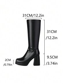 Botas altas de plataforma cómoda y resistente al agua con puntera cuadrada, tacón grueso, color negro sólido para mujer. Botas de media pantorrilla, de estilo sexy, de fácil deslizamiento - Negro - Ver 7