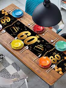 Mantel elegante de cumpleaños de color negro y dorado multicolor, 1 pieza de tela de poliéster antideslizante y rectangular para decoración de fiesta de cumpleaños, adecuado para hombres y mujeres