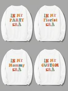 Customized Colorful Text Crew Neck Sweatshirt, Personalize Your Text/Name/Blessing, Colorful Font Text For Baby/Friend/Couple/Pet, Customize For Family Gathering, Clan Clothing, Fall Wear, Women's Tops, Black Sweatshirt, Holiday Gift, Valentine's Gift, Anniversary Gift, Wedding Gift, Best Friend Gift - White - View 2
