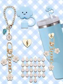 26 Letters Charm Accessories ,Cup Accessories Set Includes Name ID Letter Handle Charm For Cup Tumbler 30 40oz,Round Shape With Leaves Decor Initial Identification Charms,Cloud-Shaped Straw Cover Cute Soft Glue Colorful Straw Plug Cap