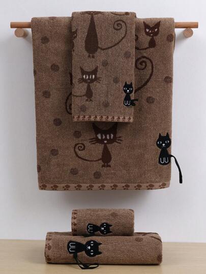 QIBHI 1/2/4件装提花刺绣卡通猫咪浴巾（浴巾），适用于浴室、酒店、健身房、旅行、礼品、沙龙、运动、户外、海滩、学校、返校季、旅行配件、家居用品、毛巾、护肤品