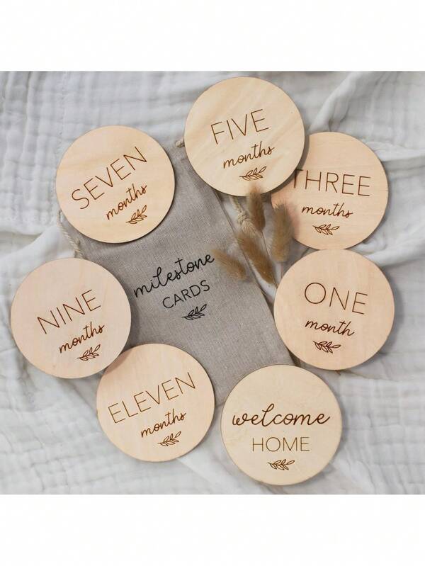 7pcs Reversible Circle Milestone Cards - The Perfect Wooden Tray For Capturing Adorable Milestone Photos For Your New Baby Boy/Girl, Includes Announcement And "Hello World" Signs, A Great Gift