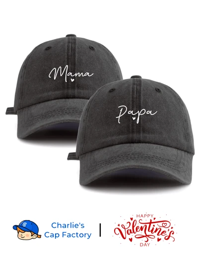 2 Piezas Gorro de béisbol estilo vintage con estampado PAPA MAMA ❤, clásico, casual, estilizado, suave, banda absorbente, ajustable, protección solar ligera, versátil, perfecto como regalo del Día de San Valentín para padres, abuelos, parejas