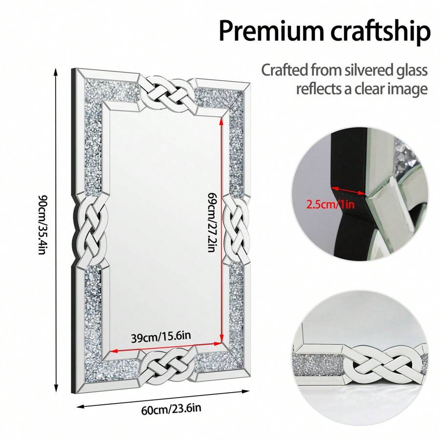 Sparkling Crystal Crush Diamond Accent Mirror For Wall Decorative Silver Mirrors - 90x60cm/ 35.4x23.6 inch - View 1