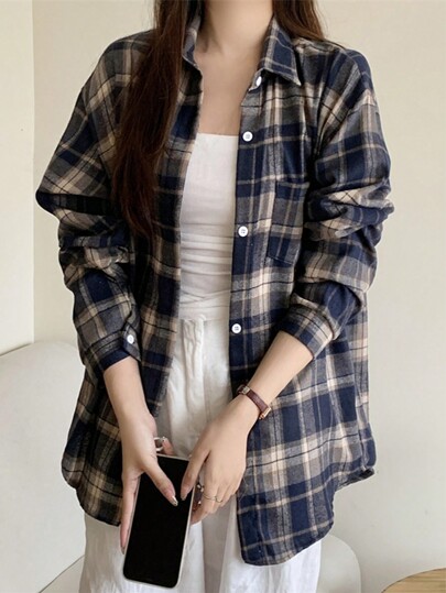 Brushed Plaid Shirt New Stylish Loose Slimming Retro Mid-Length Top Long Sleeve Jacket
