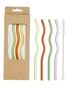 Set (4 Straws + 1 Brush) Wavy Glass Straws, Reusable Colorful Glass Straws With 1 Cleaning Brush, Heat Resistant, Perfect For Smoothies, Tea, Coffee, Juice, Festival Party Wedding, Kitchen Utensils, Party Supplies, 20cm/7.8inch,School Supplies - One Size - View 12