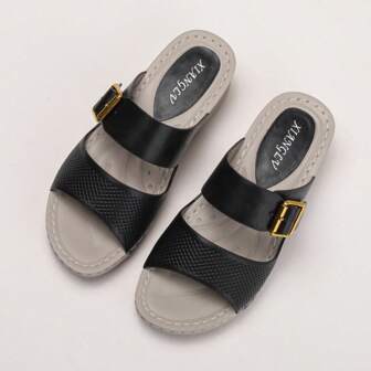 女士厚底拖鞋，全新皮革带扣方头高跟露趾拖鞋