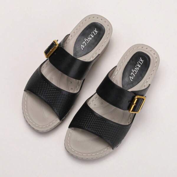 女士厚底拖鞋，全新皮革带扣方头高跟露趾拖鞋