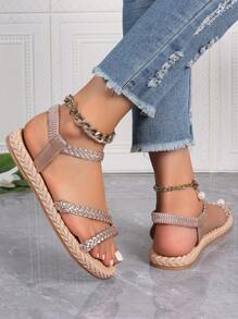 Women's Metallic Gold Braided Flat Sandals, Essential For Summer Beach, Comfortable & Fashionable Slippers - Gold - View 3