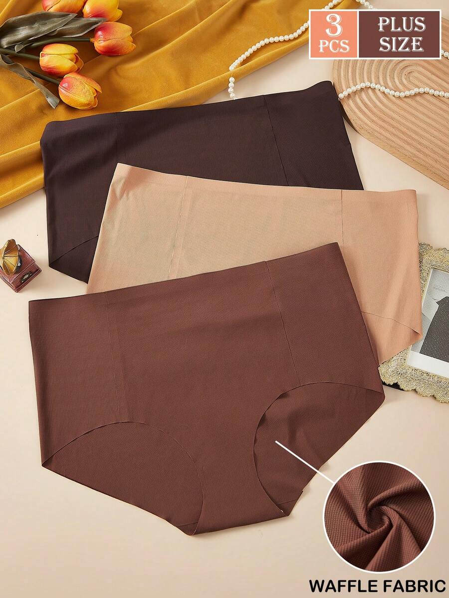 3 件大码女式无缝罗纹透气高弹力内裤，中腰全覆盖舒适薄款内衣，适合健身和居家使用