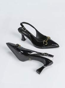 Women's Black Versatile Metal Buckle Closed Toe Slingback Stiletto High Heel Shoes, Slim And Elegant - Black - View 6