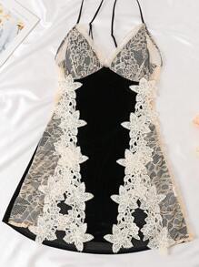 性感內衣彈性天鵝絨蕾絲性感背心迷你洋裝1件 - 黑色 - 查看 12