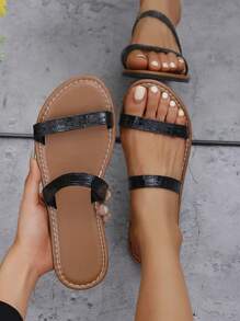 黑色 PU 皮革圆头平底拖鞋，时尚舒适，适合夏季、室内和室外休闲日常穿着 - 黑色 - 查看 2