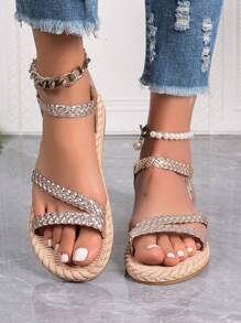 Women's Metallic Gold Braided Flat Sandals, Essential For Summer Beach, Comfortable & Fashionable Slippers - Gold - View 4