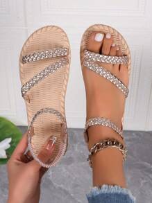 Women's Metallic Gold Braided Flat Sandals, Essential For Summer Beach, Comfortable & Fashionable Slippers - Gold - View 1