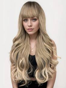 28-Inch Long Curly Wig With Bangs Ombre Golden-Brown Wigs For Women Synthetic Wigs For Daily And Party Use.