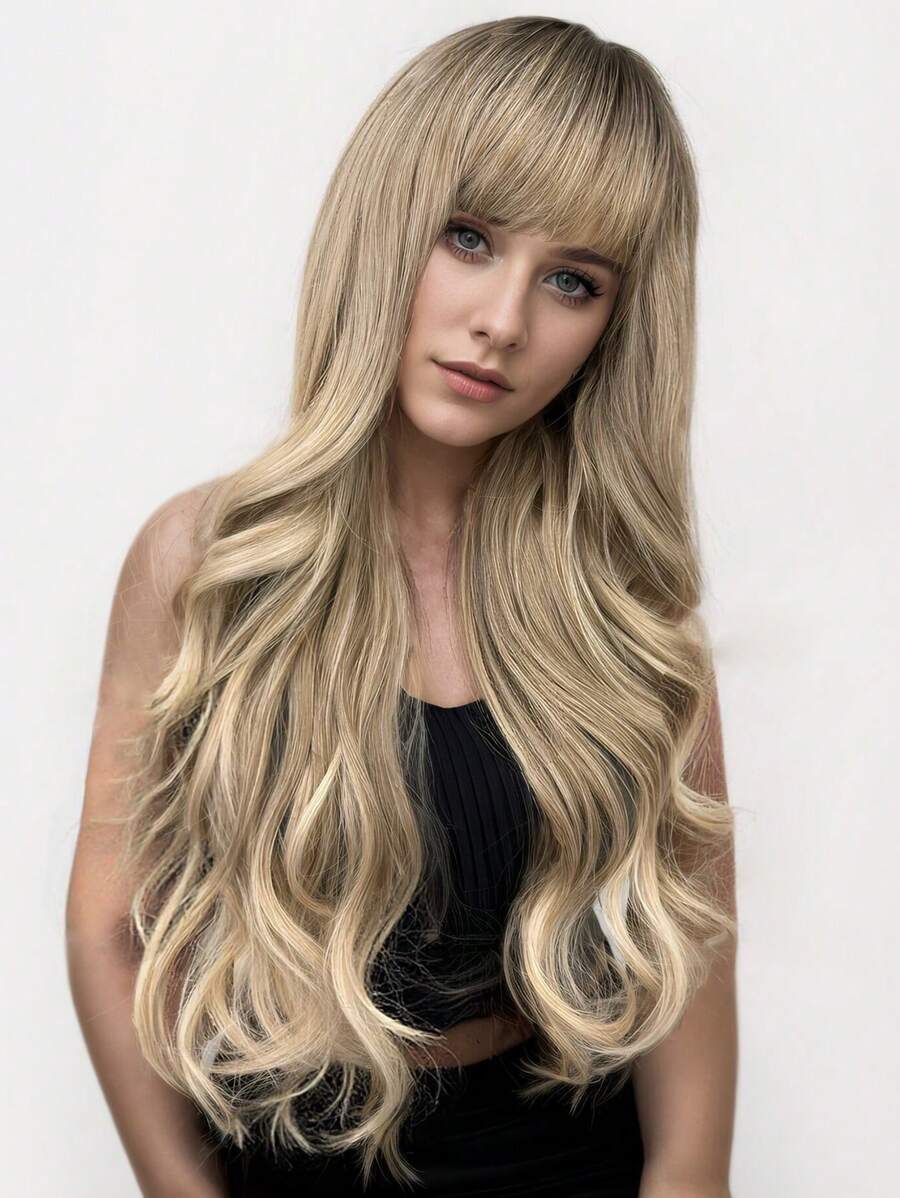 28-Inch Long Curly Wig With Bangs Ombre Golden-Brown Wigs For Women Synthetic Wigs For Daily And Party Use.