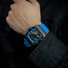 EA 1pc Men's Black Rubber Strap Racing-Themed Hollow Design Stylish Timepiece With Barrel-Shaped Gift Box Packaging, Cool Personalized Fashion Holiday Gift For Him, Christmas Gifts