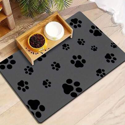 Alfombrilla para perro de 12"X20" de secado rápido y absorbente de agua, antideslizante e impermeable con diseño de huellas, apta para comederos de comida y agua - Gris oscuro