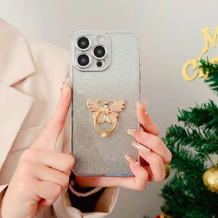 1 个透明外壳，带电镀闪光和水钻蝴蝶手机环支架，兼容 iPhone/Realme/P/Honor/Redmi/Galaxy 型号，防震，奢华全覆盖电镀
