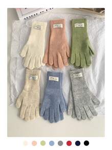纯色标签针织手套，女士秋冬露指触屏五指防风保暖手套，女士多功能加厚针织手套，骑行保暖