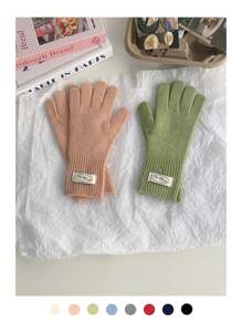 纯色标签针织手套，女士秋冬露指触屏五指防风保暖手套，女士多功能加厚针织手套，骑行保暖