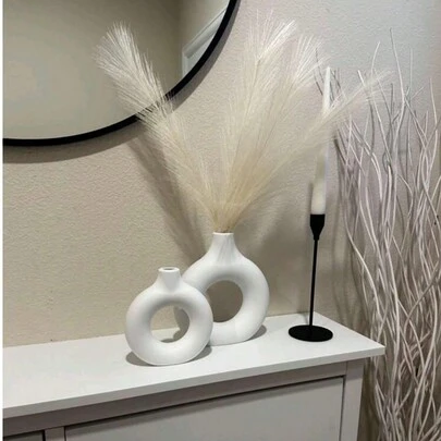 1pc White Plastic Round Vase Decor, Artificial Dried Flower Vase, Art Vase, Suitable For Flower Arrangement, Minimalist Living Room & Exhibition Hall Decor, Home Decor, Vase, Centerpiece, Tabletop Decor Gift, Birthday Graduation Ceremony Room Decoration Glass Vase