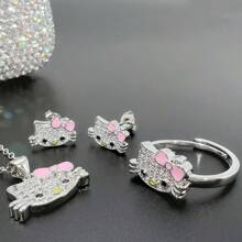 Sanrio Sanrio Hello Kitty 3-Piece Jewelry Set, Cute Alloy Necklace, Earrings And Open Ring, Fashionable Couple Gift For Christmas, Halloween, New Year, Valentine's Day, Birthday, Jewelry Accessories For Women