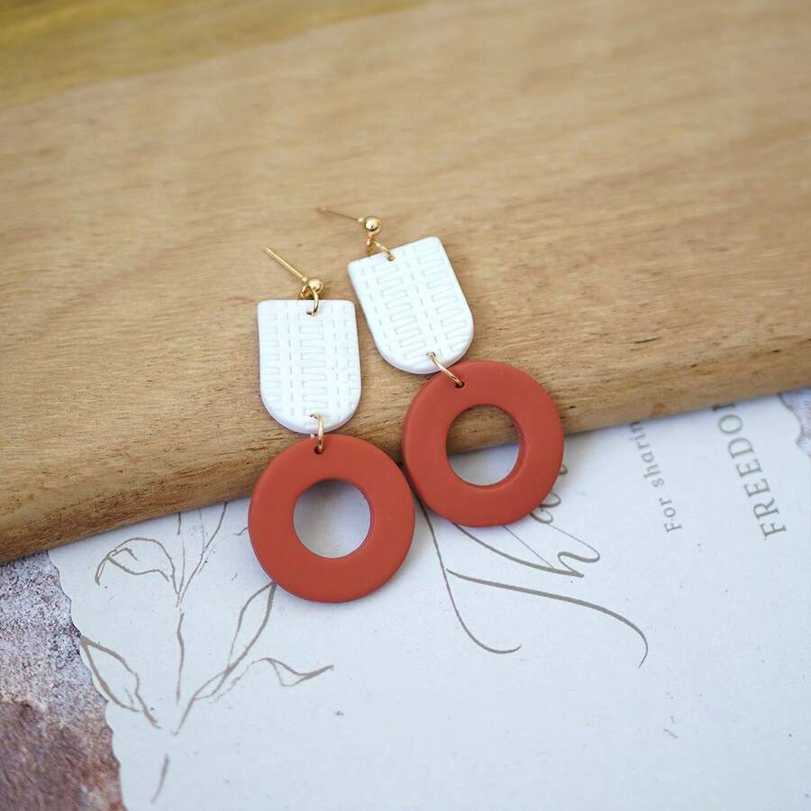 1 Pair Handmade Marble Texture Soft Pottery Leaf Pendant Hoop Earrings, Fashionable Minimalist Design For Women, Suitable For Vacation, Party, Daily Wear, Holiday Gift