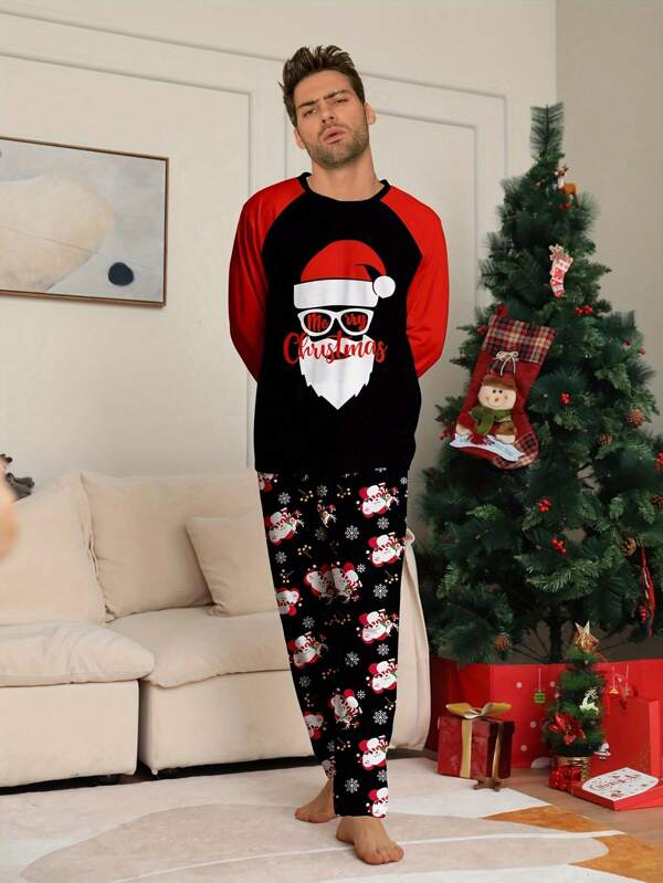 2pcs Men Santa Claus Printed Long Sleeve Sleepwear Set, Autumn Winter