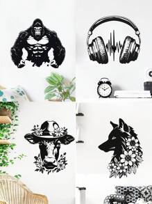 1pc Gorilla Wall Decal, Headphones-Cow And Fox Head Pattern Stickers, Vinyl Stickers King Kong Movie Monster Beast Mode Gym Fitness Decoration Game Room Family Room Art Decoration Mural Removable Wall Sticker Gifts Birthday Graduation Room Decor Home Decor Wall Decor Bathroom Decor Bedroom Decor Room Decoration Stuff Living Room Decor House Decor Home Decor Living Room Wall Paper Personalised Stickers
