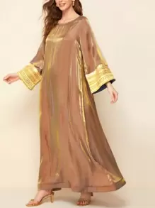 Color Block Flared Sleeve Long Arabic Style Dress For Women, Modest Kaftan - 淺棕色 - 查看 1