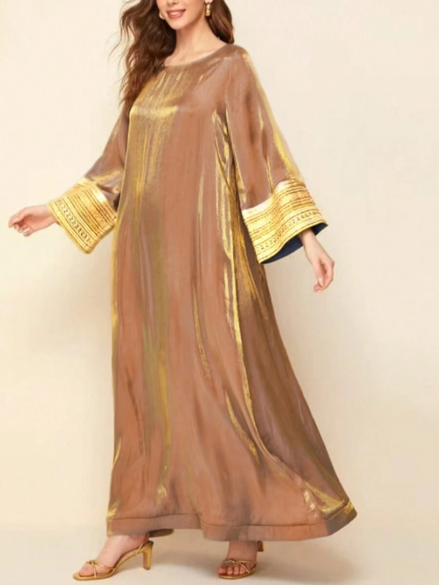 Color Block Flared Sleeve Long Arabic Style Dress For Women, Modest Kaftan - 淺棕色 - 查看 1