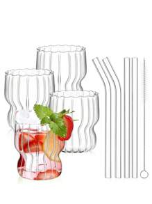 1pc/4pcs/8pcs 咖啡玻璃吸管杯、果汁杯、奶茶杯、冷饮杯、浓缩咖啡杯、条纹玻璃吸管、波浪杯、波浪形玻璃杯、冰咖啡杯、啤酒杯，非常适合鸡尾酒，适用于鸡尾酒、威士忌、饮料、牛奶，适用于家庭晚餐、酒吧和聚会、礼物